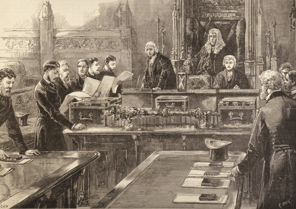 A Abertura do Parlamento: Membros fazendo o juramento, gravado por R. Taylor, de The Illustrated London News, 23 de janeiro de 1886 de English School