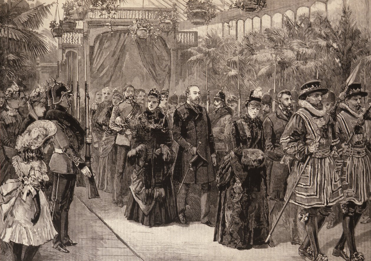 O príncipe e a princesa de Gales em Manchester: procissão no edifício da exposição, de The Illustrated London News, 14 de maio de 1887 de English School