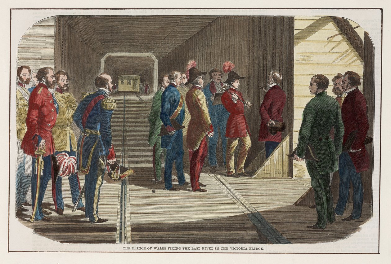 O Príncipe de Gales, consertando o último rebite na ponte de Victoria, Canadá, 1860 de English School
