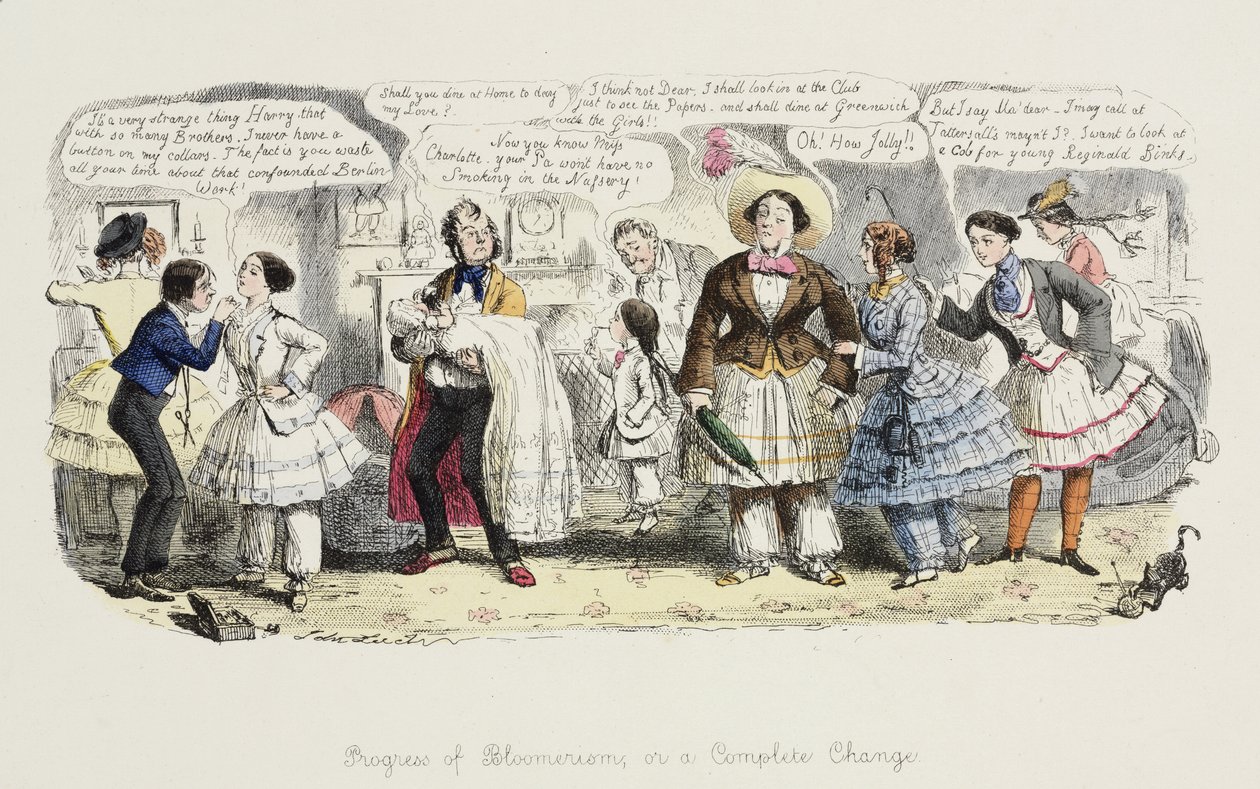 O Progresso do Bloomerismo ou, uma Mudança Completa, de Punch, 1852 de English School