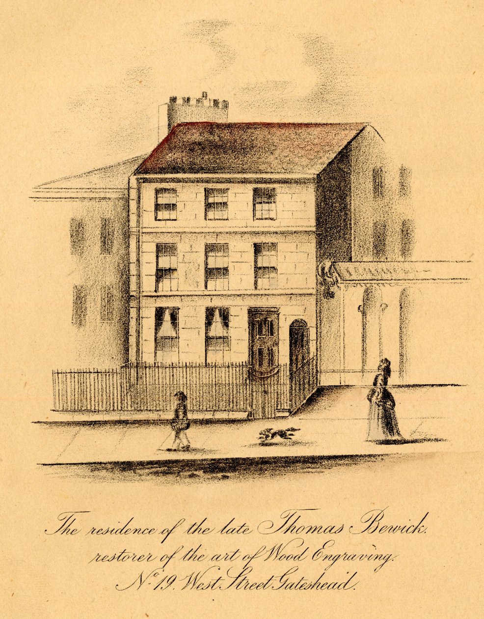 A residência do falecido Thomas Berwick, nº 19, West Street, Gateshead (gravura em madeira) de English School