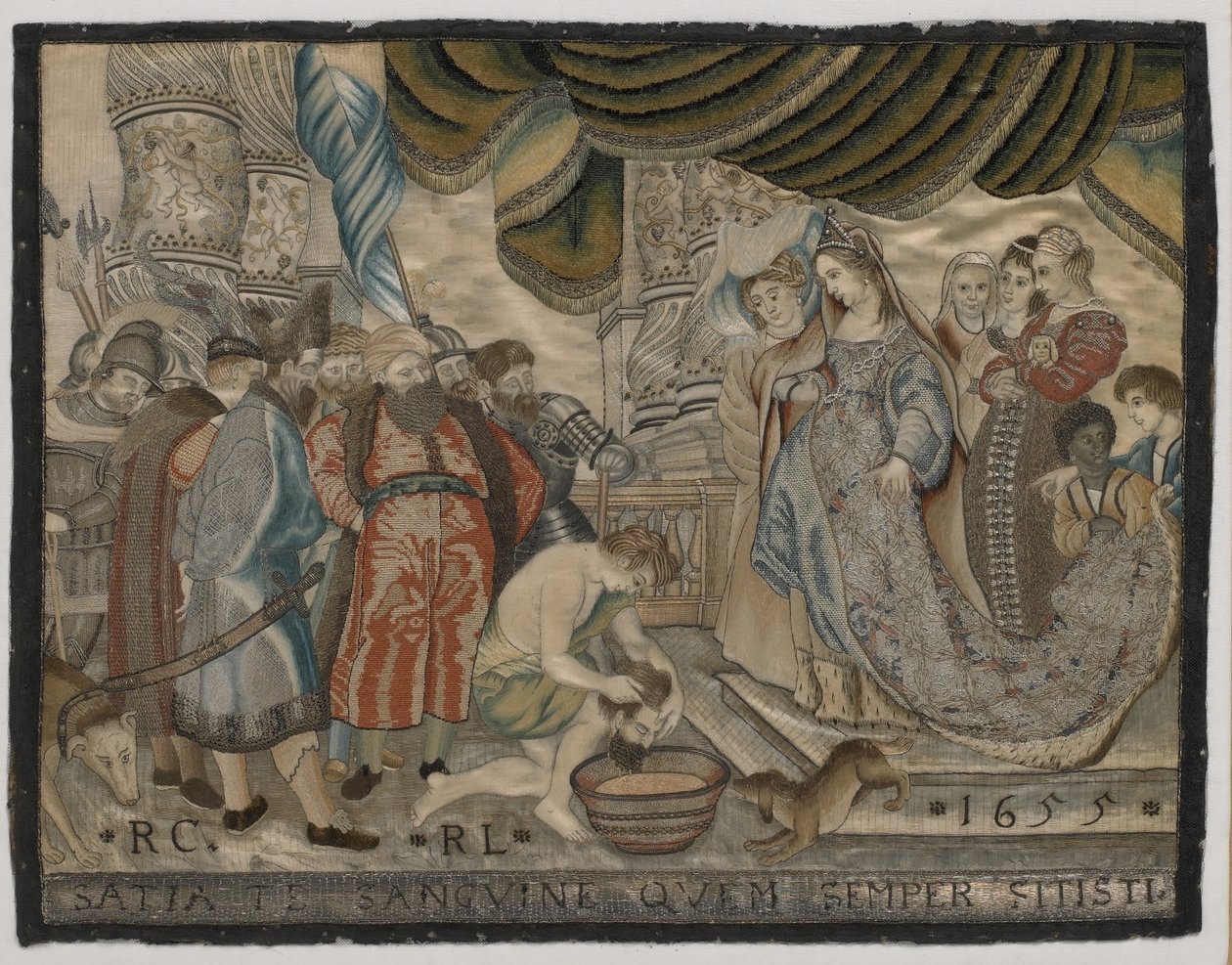 A vingança da rainha Tomyris sobre Cyrus, bordados de seda, c.1655 (bordados de seda) de English School