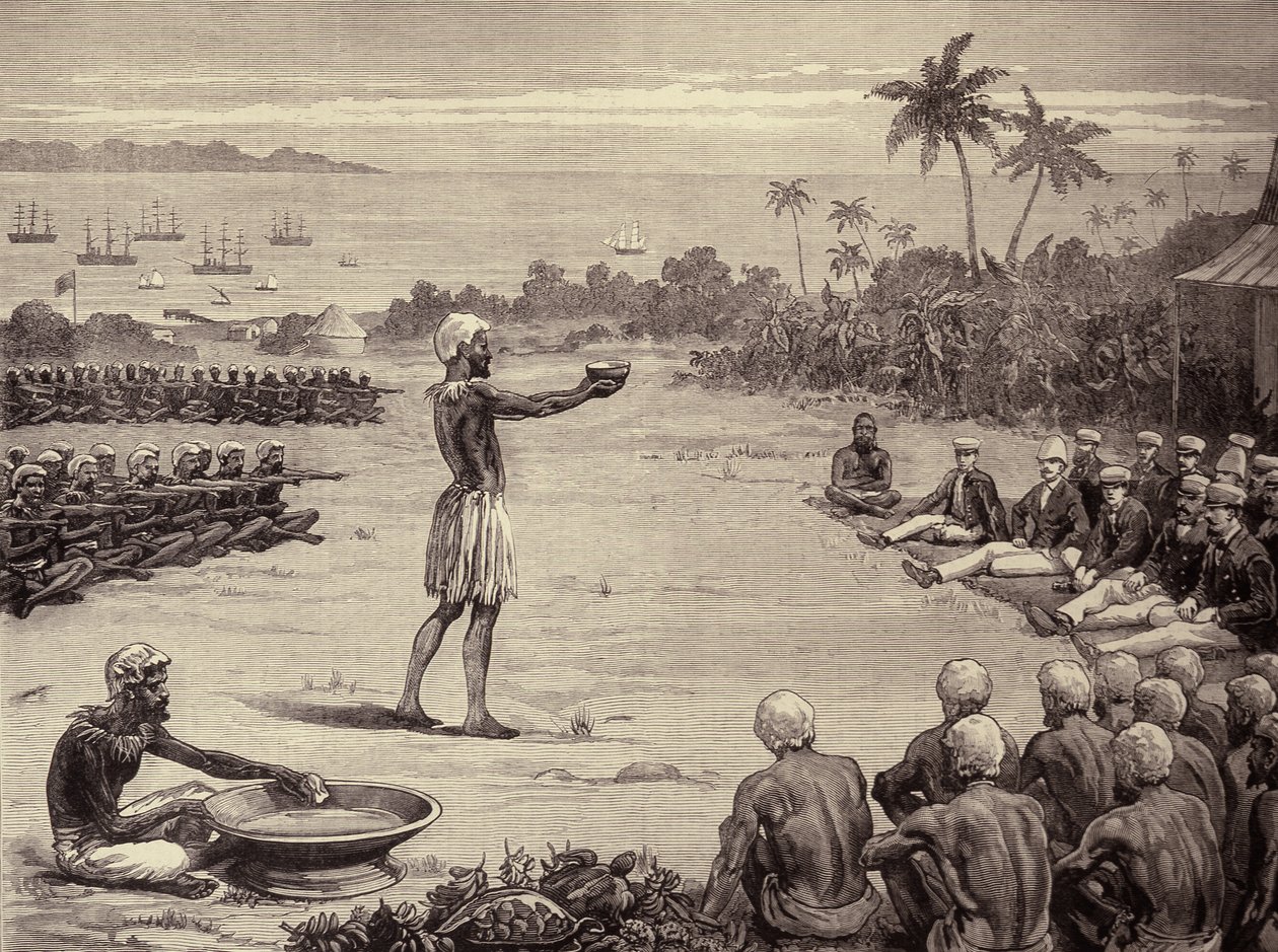 Os Príncipes dos Marinheiros nas Ilhas Fiji: Incantação do Yangona, ou Kava Bowl, do The Illustrated London News, 7 de janeiro de 1882 de English School