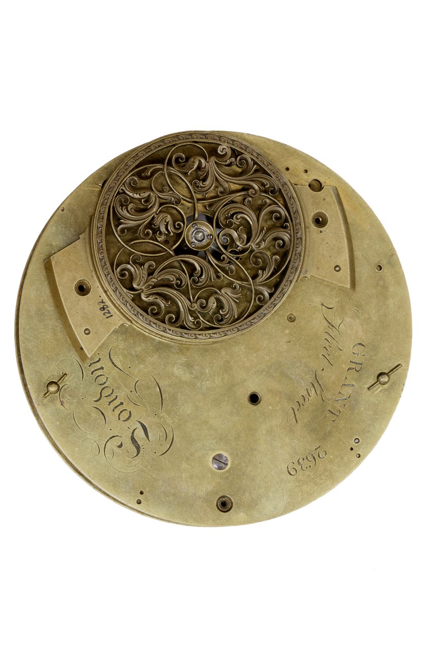 A placa traseira do Relógio Cumming, c.1767 (metal) de English School