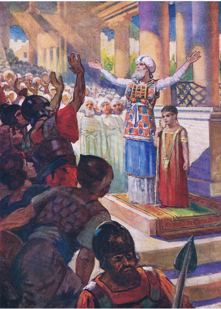 O menino Joás coroou o rei, de O Livro de Gravuras da Bíblia, publicado por Thomas Nelson, c.1950 de English School