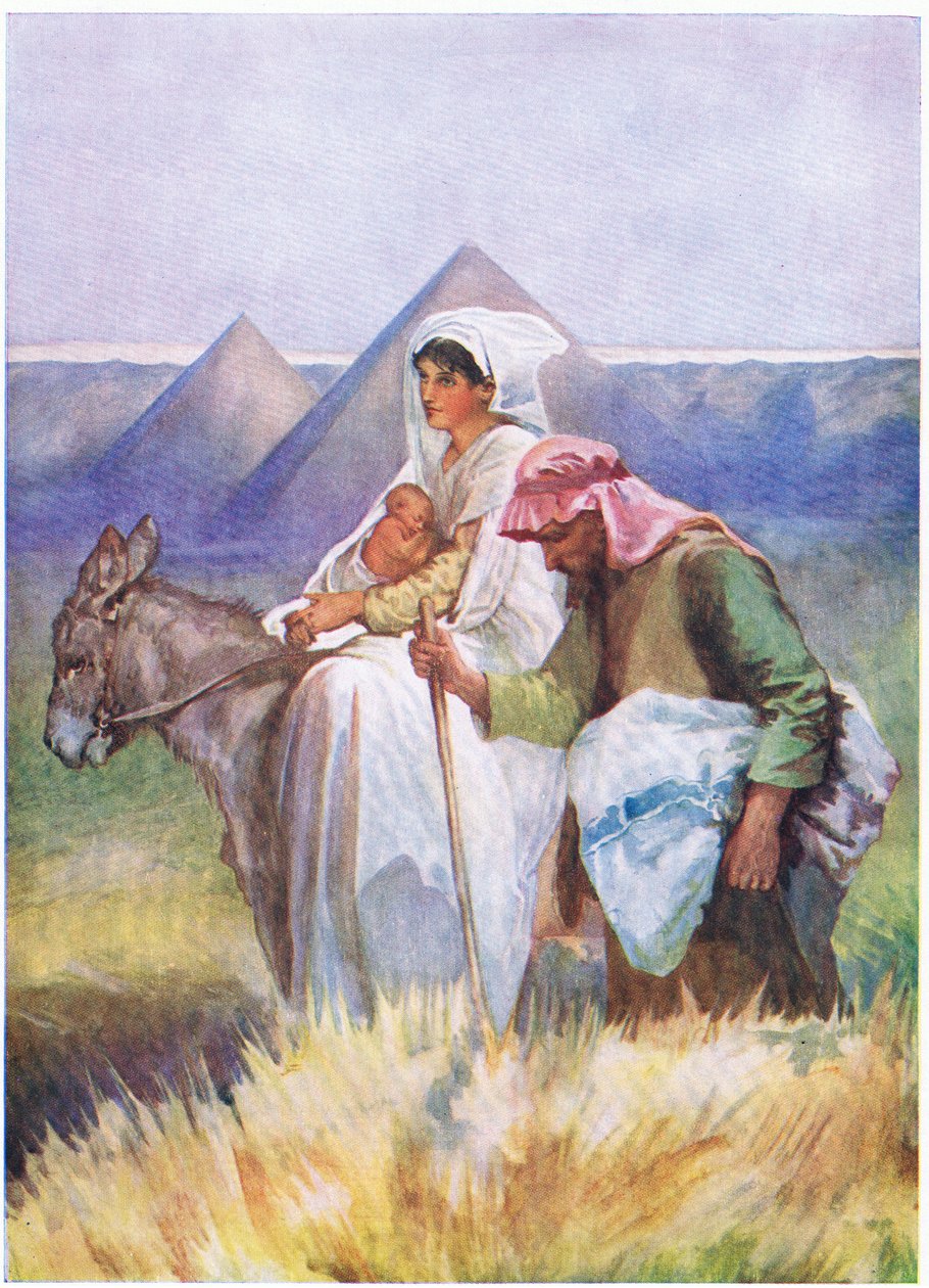 O vôo para o Egito, do livro bíblico publicado por Thomas Nelson, c.1950 de English School