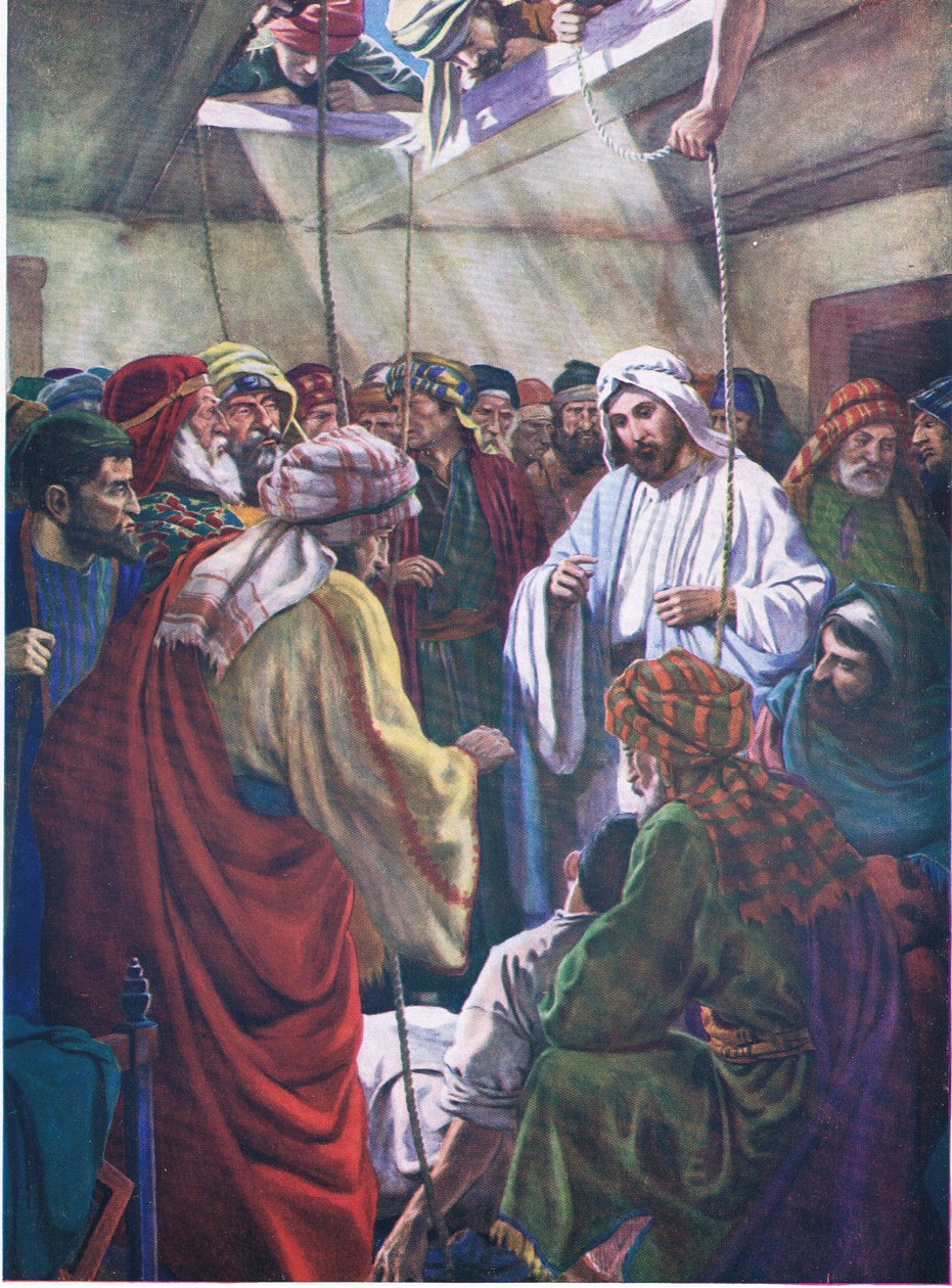 O homem com os quatro amigos, de The Bible Picture Book, publicado por Thomas Nelson, c.1950 de English School