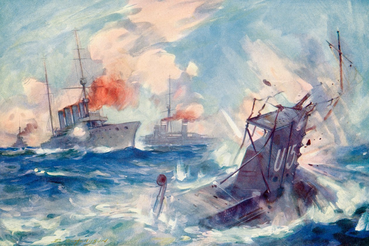 O naufrágio do submarino alemão SM U-15 depois de ter sido abalroado pelo cruzador ligeiro britânico HMS Birmingham, em 9 de agosto de 1914, durante a Primeira Guerra Mundial, de The History ofthe Great War, publicado em 1919 ( de English School