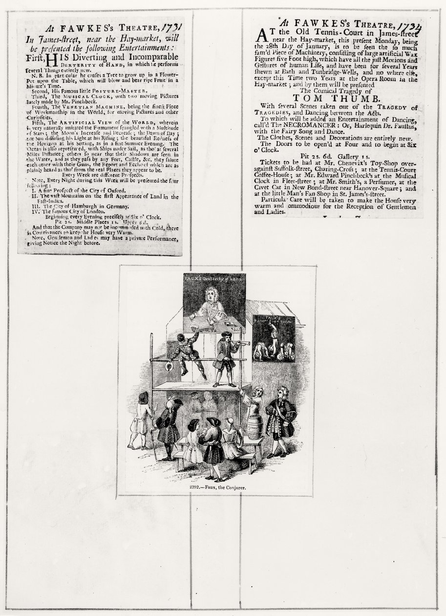 Dois anúncios relacionados ao Faux, the Conjurer, c.1731-34 de English School