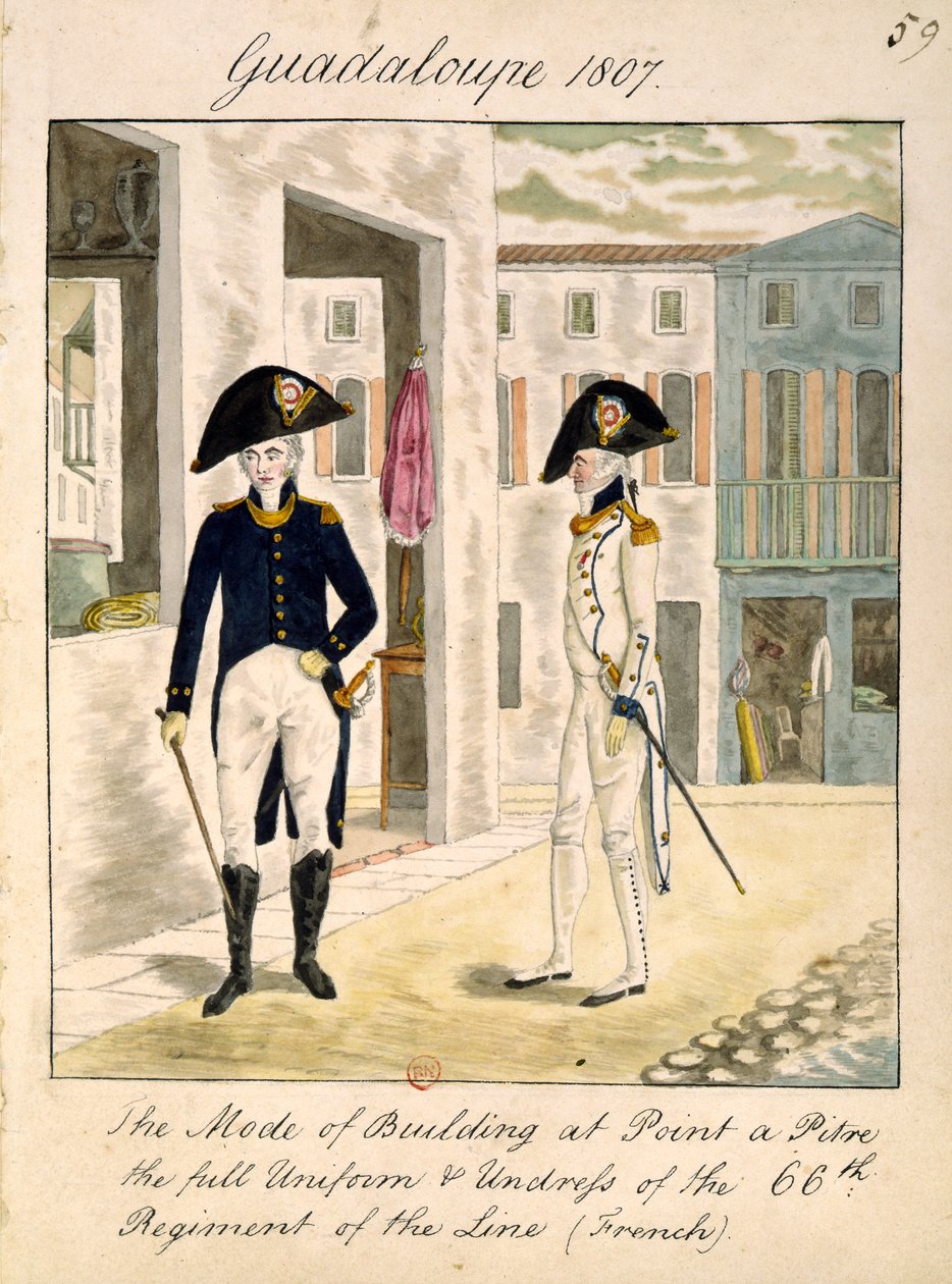 Uniformes do 66º Regimento da Linha em Pointe a Pitre, Guadalupe em 1807 (wc no papel) de English School