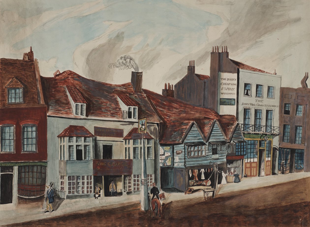 Vista de Newington Butts, Southwark mostrando a George Tavern e as fachadas das lojas, cerca de 1825 (wc no papel) de English School