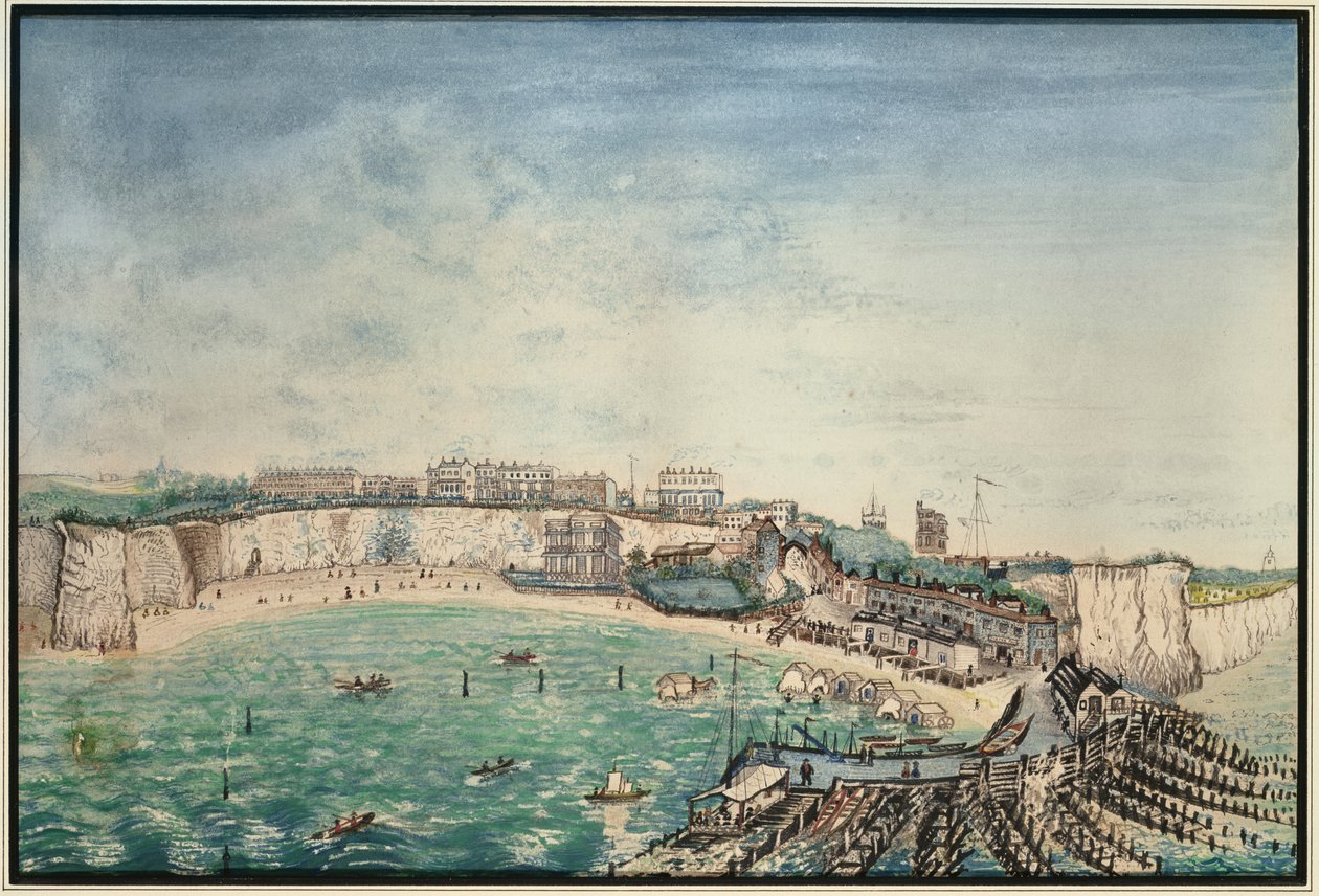 Vista da praia e do porto em Broadstairs, Kent, c.1830 (wc no papel) de English School