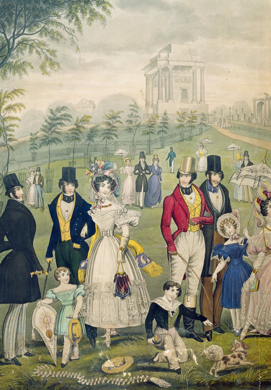 Vista do Green Park, Londres, mostrando a moda do tempo, detalhe do lado esquerdo, c.1830 (ver também 122099) de English School