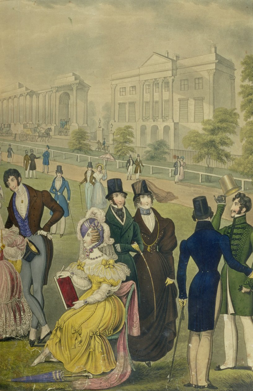 Vista do Green Park, Londres, mostrando a moda do tempo, detalhe do lado direito, c.1830 (ver também 122098) de English School