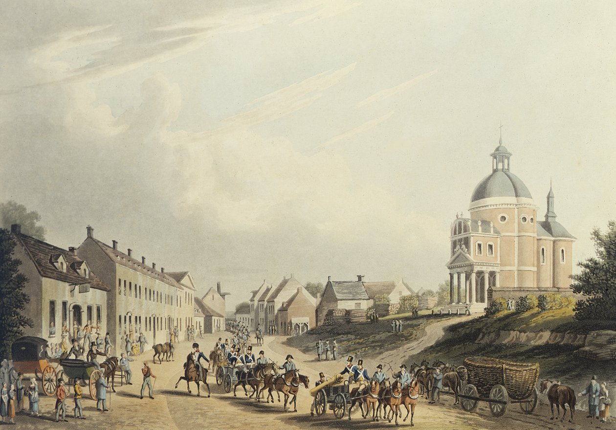 Waterloo Transportando o Canhão Francês do Campo de Batalha, em 24 de julho de 1815 (aquatinta) de English School