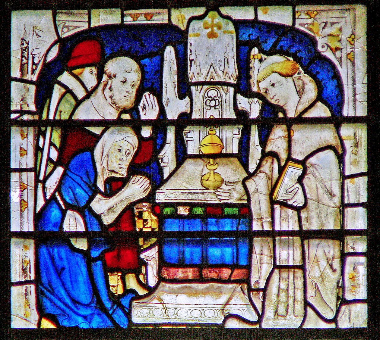 Janela retratando uma mulher leprosa rezando no santuário de St. William Wellcome, York Minster de English School