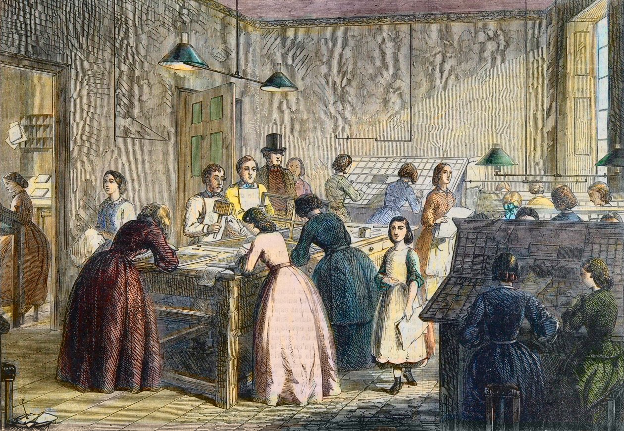 Compositores femininos na gráfica da Victoria Press, Great Coram Street, Londres, em 1860. de English School