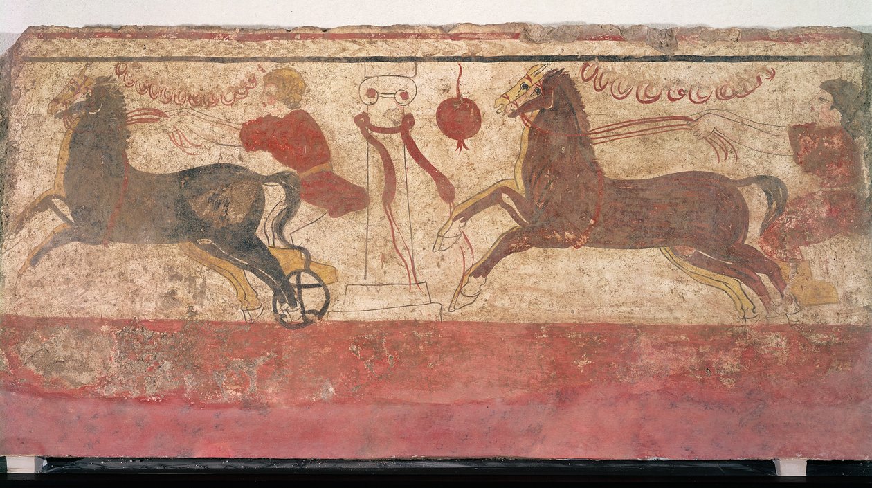 Corridas de carroças, detalhe de uma câmara tumular, 330-320 aC de Etruscan