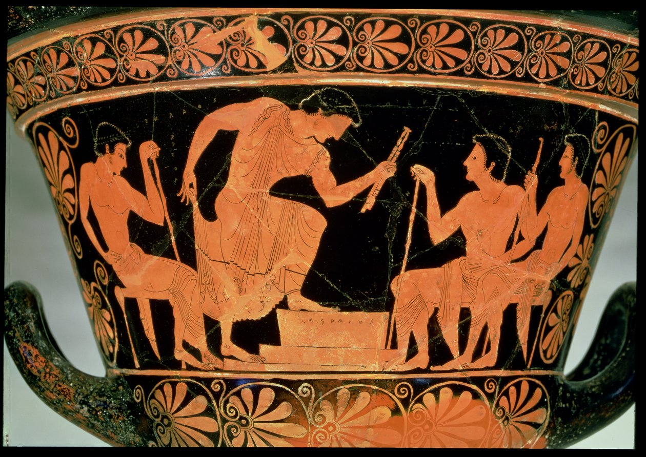 Concurso Musical, detalhe de um calyx-krater ático de figuras vermelhas, de Cervetri, Itália, c.510 aC (cerâmica) (reverso de 92569) de Euphronios