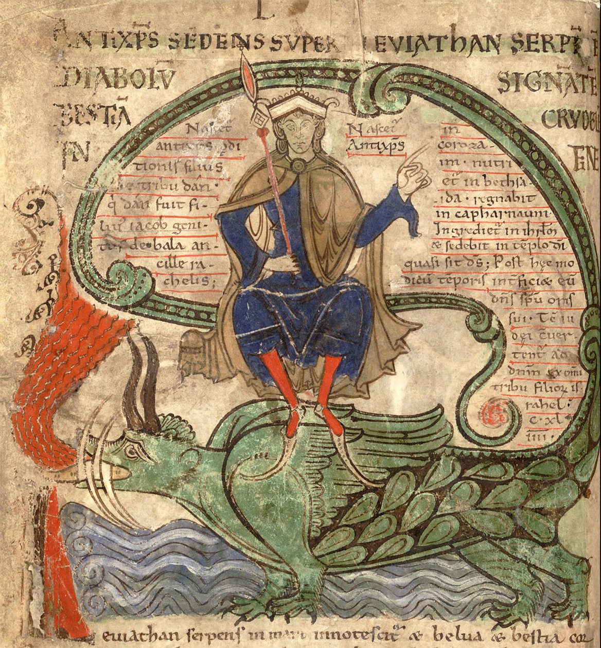Anti Cristo sentado em um Leviatã de Liber Floridus por Lambert de Saint-Omer, 1120 de Flemish School