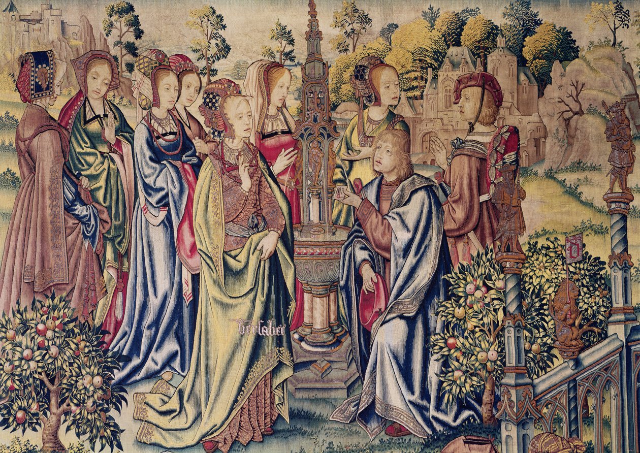Bate-Seba recebe dois mensageiros de David na fonte, c.1510-15 de Flemish School