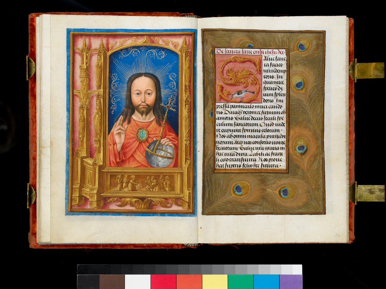 Ms 1058-1975 f.13v-14 Cristo em Majestade acima de um painel de predella representando St. Veronica exibindo o sudário para seis adoradores, borda de penas de pavão, c.1500 de Flemish School