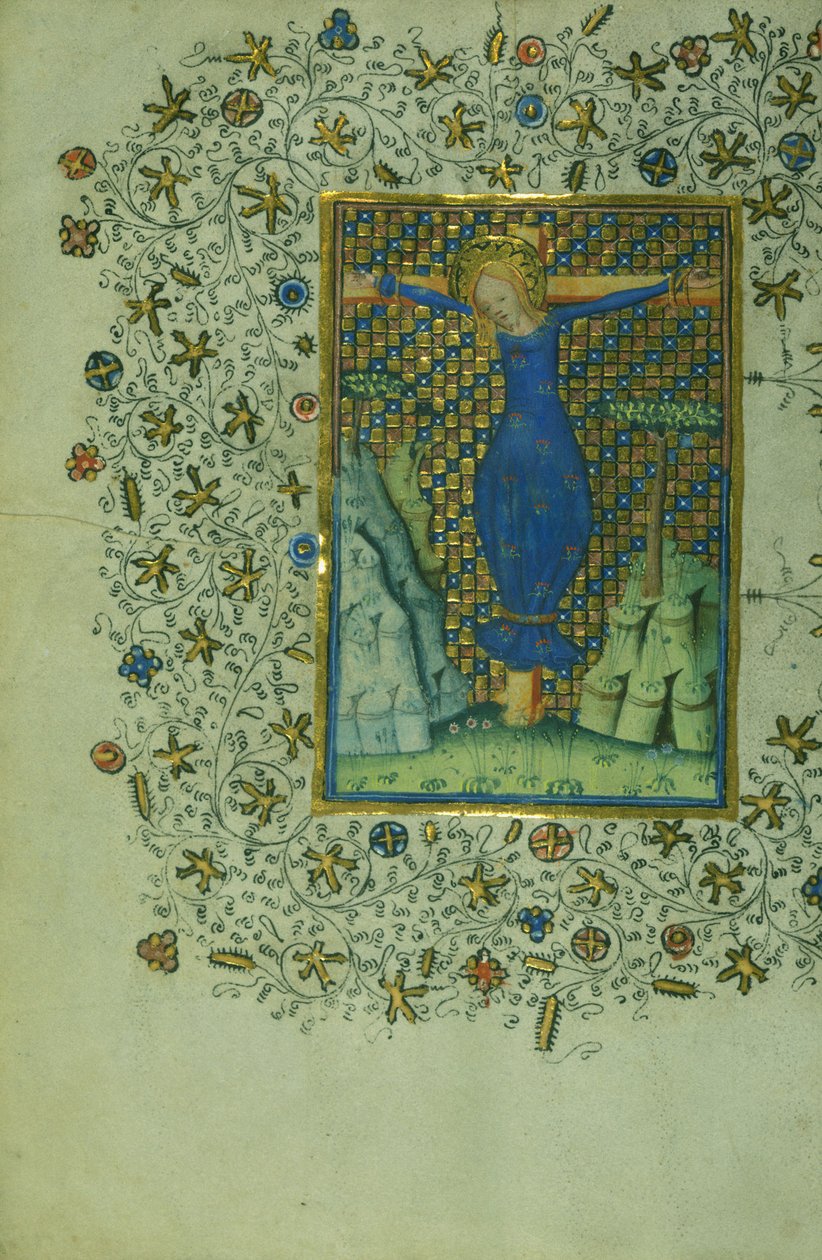 Santo Wilgefortis na cruz, c.1430-40 (tinta em pergaminho) de Flemish School