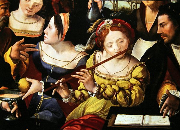 Galante de cena nos portões de Paris, detalhe de um flautista (detalhe de 216104) de Flemish School