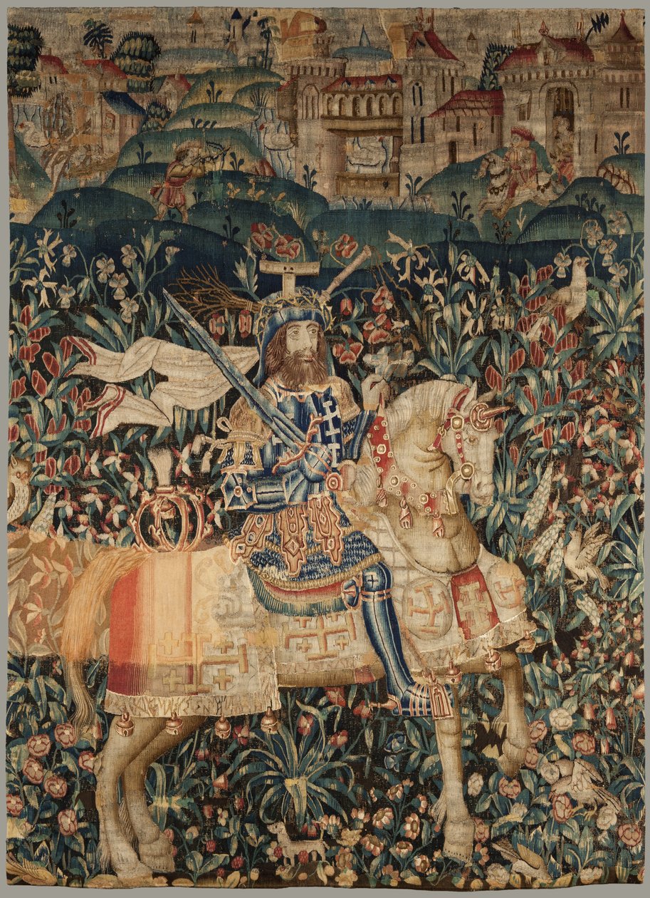 Tapeçaria representando Godfrey de Bouillon, c.1500 (lã tingida com reparos posteriores) de Flemish School