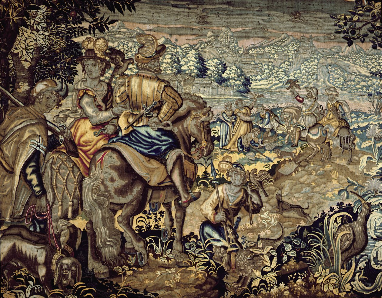Tapeçaria representando uma cena de falcoaria (bordado) de Flemish School