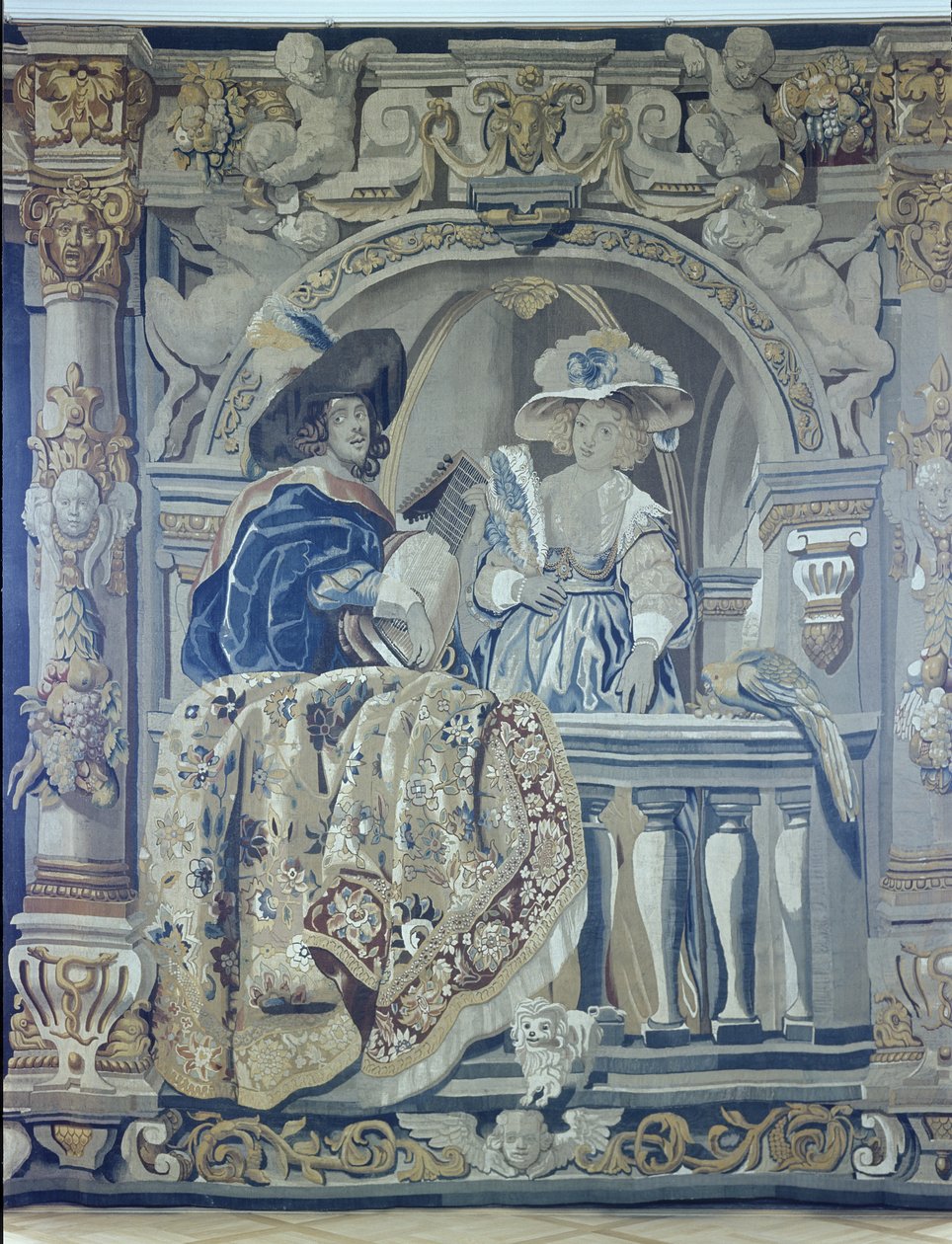 Tapeçaria com uma senhora e cavaleiro em uma varanda (têxtil) de Flemish School