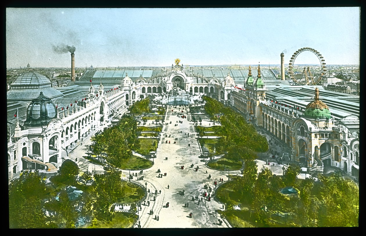 Exposição de Paris Universelle: Champ de Mars, Castelo da Água e o Palácio da Eletricidade, 1900 (lanterna) de French Photographer