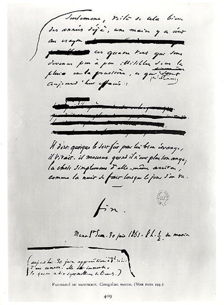 ... como a noite é quando o dia vai. (final), fac-símile da última página do manuscrito Os Miseráveis por Victor Hugo (1802-85) 30 de junho de 1862 (caneta e tinta no papel) de French School