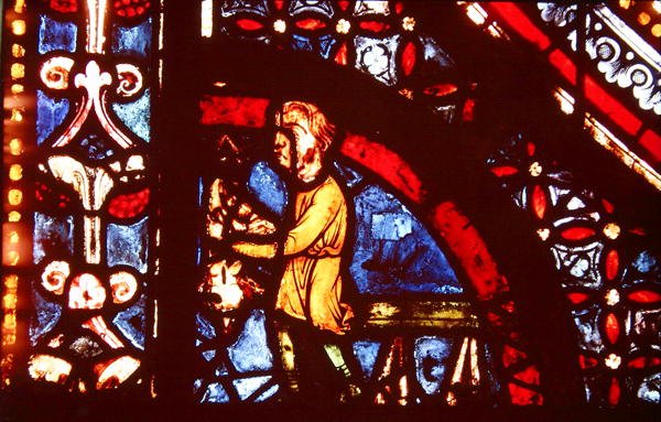 Um Açougueiro, detalhe do canto inferior esquerdo dos Milagres da Janela Virgem no corredor sul da nave, 1205-15 de French School