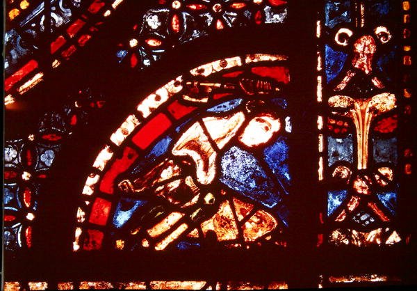 Um Açougueiro, detalhe do canto inferior direito dos Milagres da Janela Virgem no corredor sul da nave, 1205-15 de French School
