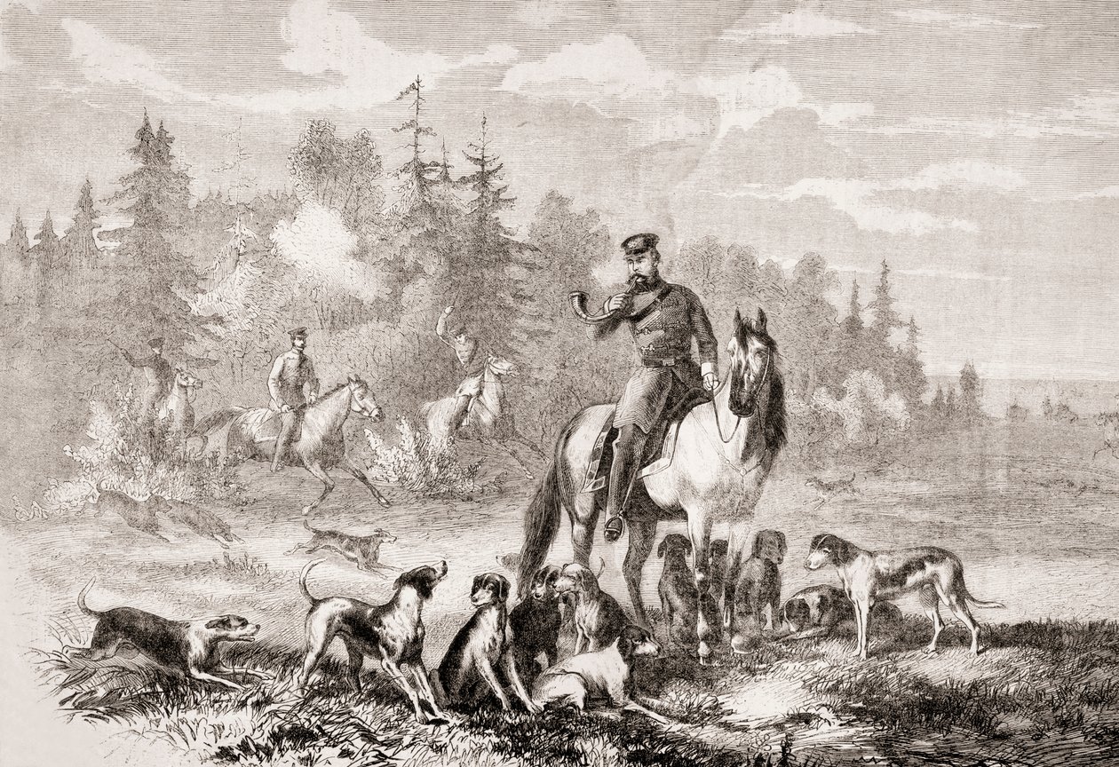 Alexander II lobos de caça perto de St. Petersburgo, de LUnivers Illustré, 1866 de French School