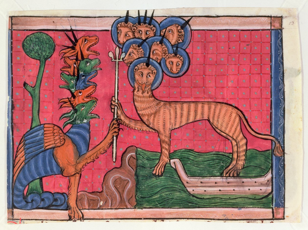 Miniaturas do Apocalipse: O Dragão Fazendo a Guerra e A Besta do Mar, c.1295 (têmpera sobre velino) de French School