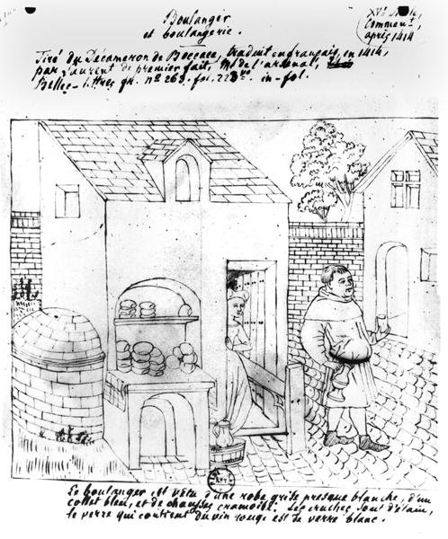 Baker and Bakery, elaborado após uma iluminação original para uma tradução francesa do Decameron por Boccaccio (1313-75) feita em 1414 (caneta e tinta no papel) de French School