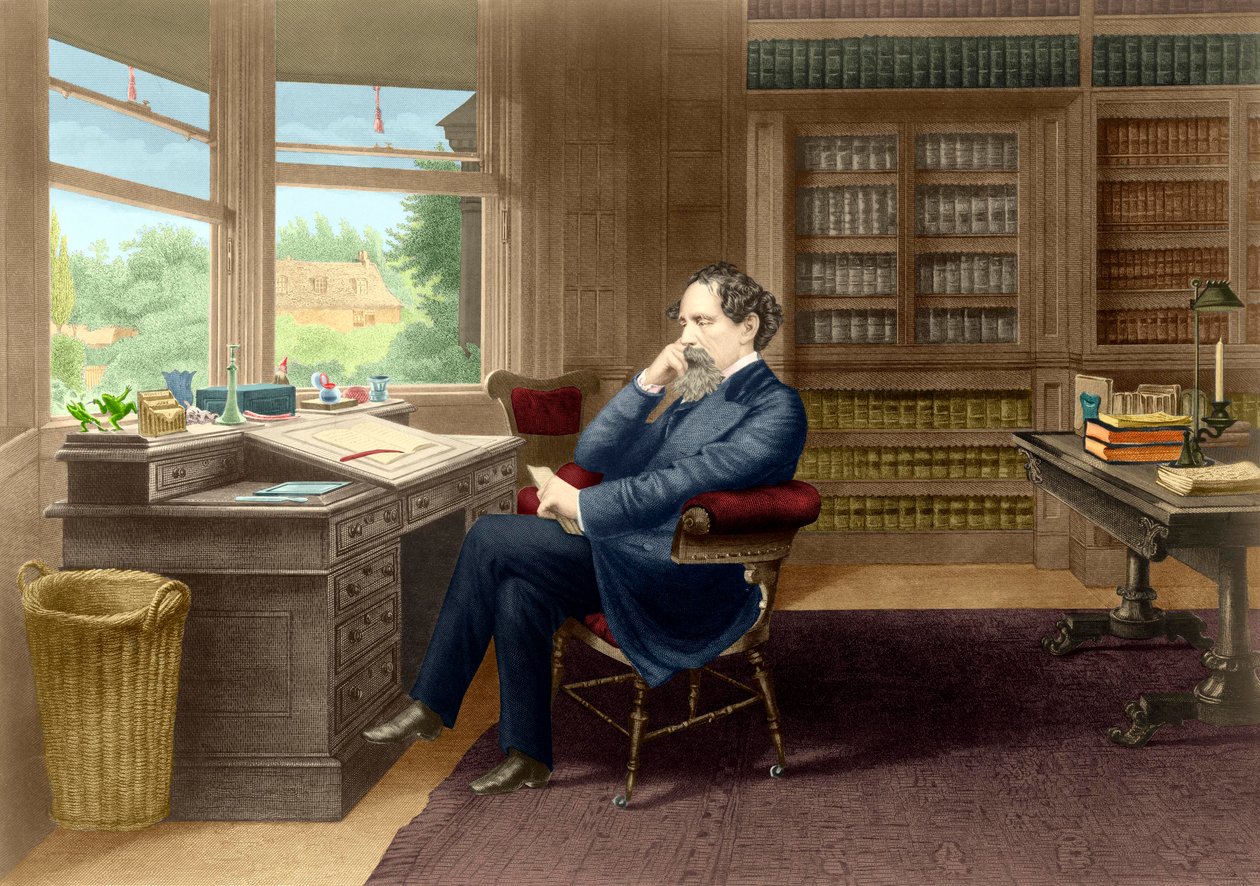 Charles Dickens em seu estudo em Gadshill, 1865-70 de French School