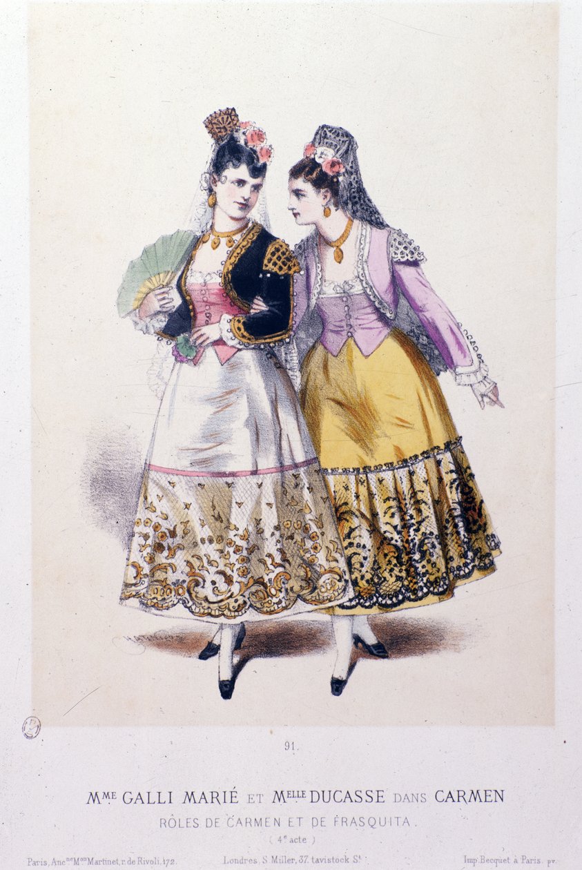 Figurinos de Marie Galli (Carmen) e Miss Ducasse (Frasquita) atuando em Carmen de Georges Bizet de French School