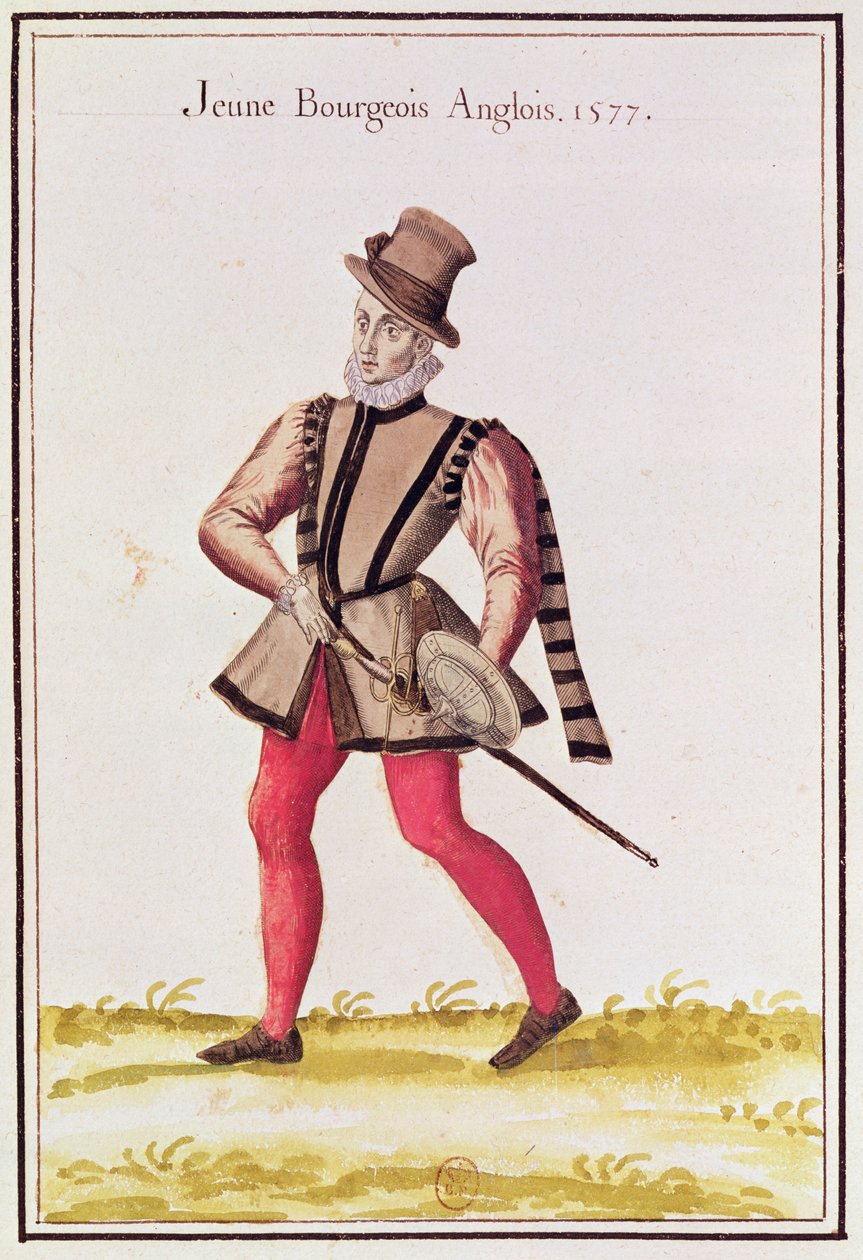 Trajes dos países do norte - um jovem cidadão inglês, 1577 (gravura a cores) de French School