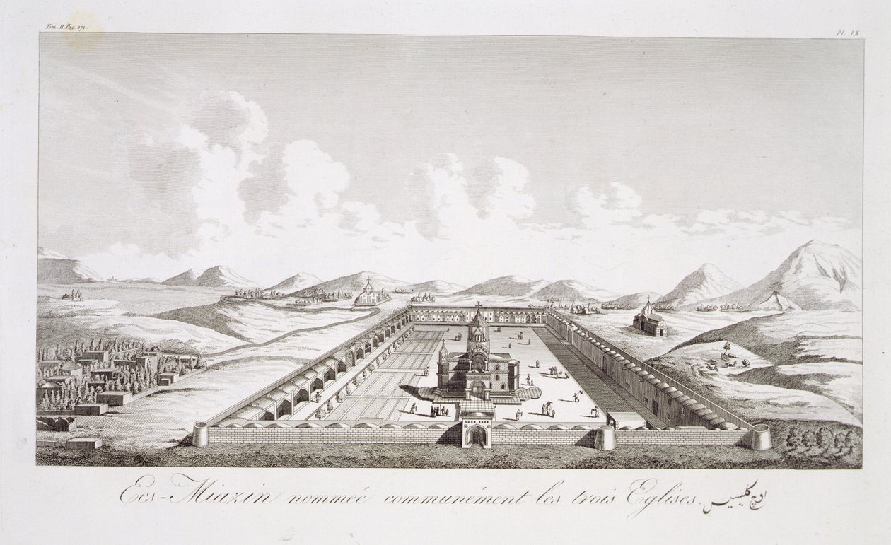 Echsmiazin, conhecido como as três igrejas, de viagens de Chardin Knight na Pérsia e outros lugares orientais, por Jean Chardin (1643-1713), publicado em 1811 de French School