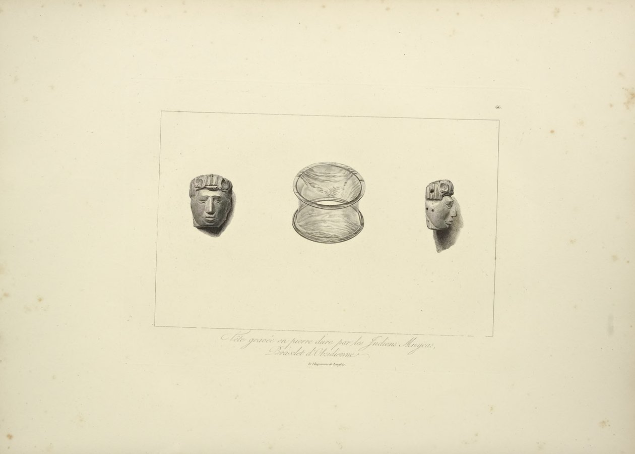 Cabeça gravada de pedra dura dos índios Muycas, pulseira de obsidiana, ilustração de vistas das cordilheiras e monumens dos povos nativos da América por Alexander von Humboldt e Aime Bonpland, de French School
