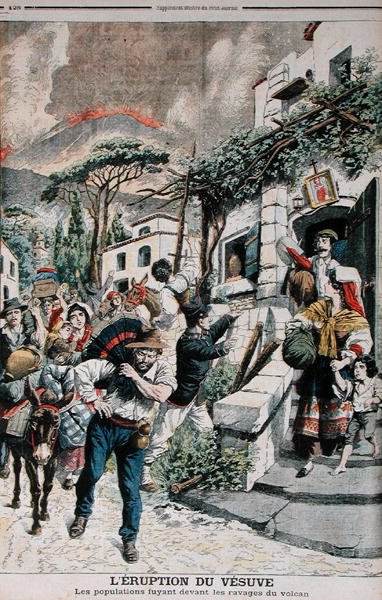 Erupção do Vesúvio, Pessoas Fugindo do Vulcão, ilustração do Le Petit Journal, 22 de abril de 1906 de French School