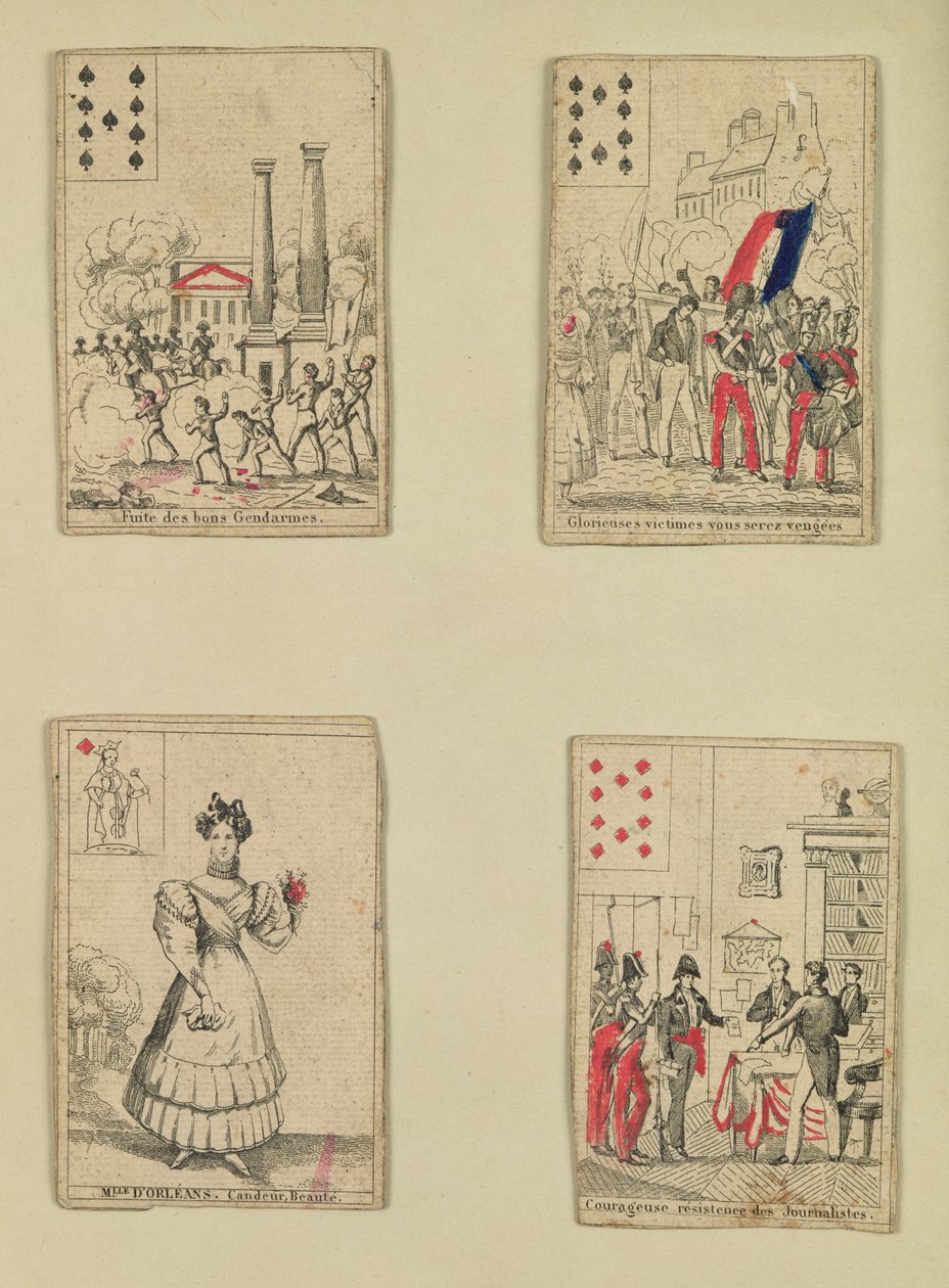 Quatro cartas de baralho comemorando os heróis de julho de 1830, 1831 de French School