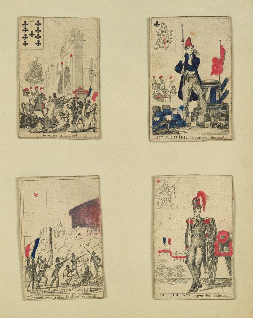 Quatro cartas de baralho comemorando os heróis de julho de 1830, 1831 de French School