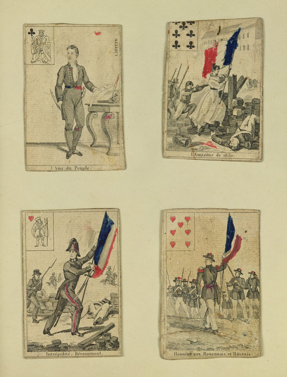 Quatro cartas de baralho comemorando os heróis de julho de 1830, 1831 de French School