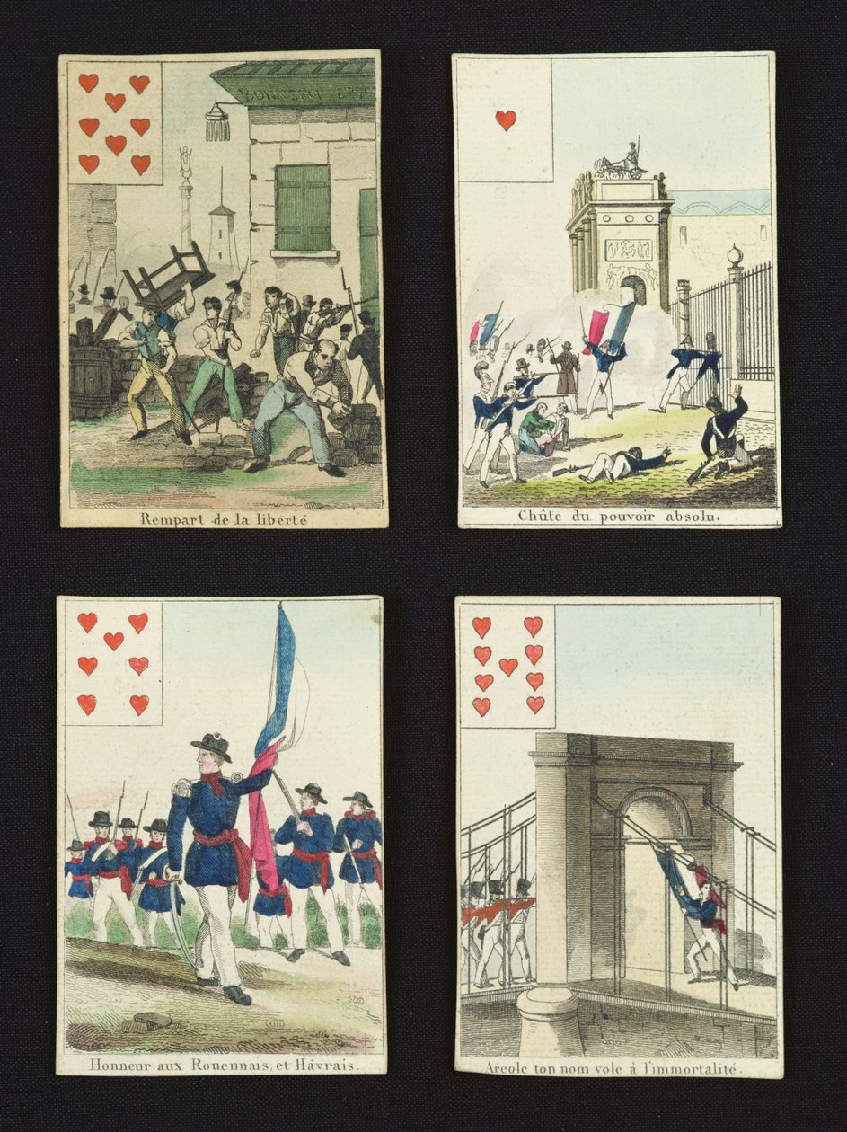Quatro cartas de baralho comemorando os heróis de julho de 1830, 1831 de French School