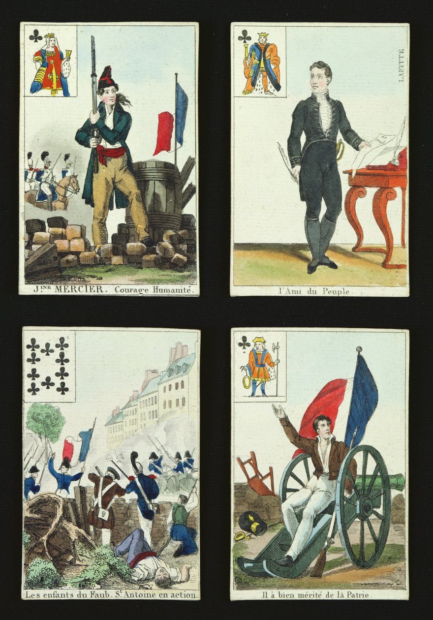 Quatro cartas de baralho comemorando os heróis de julho de 1830, 1831 de French School
