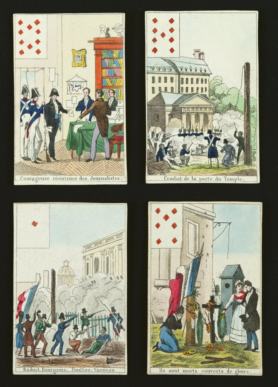 Quatro cartas de baralho comemorando os heróis de julho de 1830, 1831 de French School